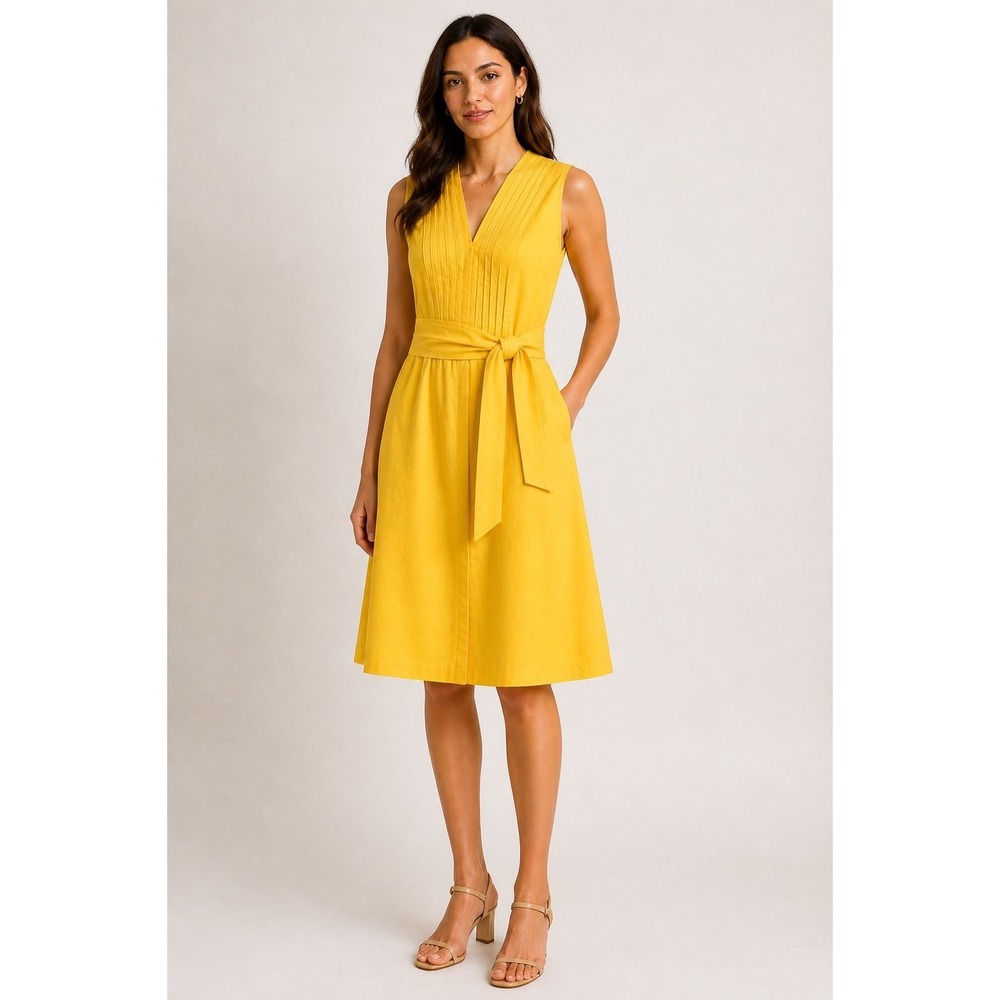 Island Republic Cotton Yellow Pleated V-Neck Dress Size 4 Belted Knee Length